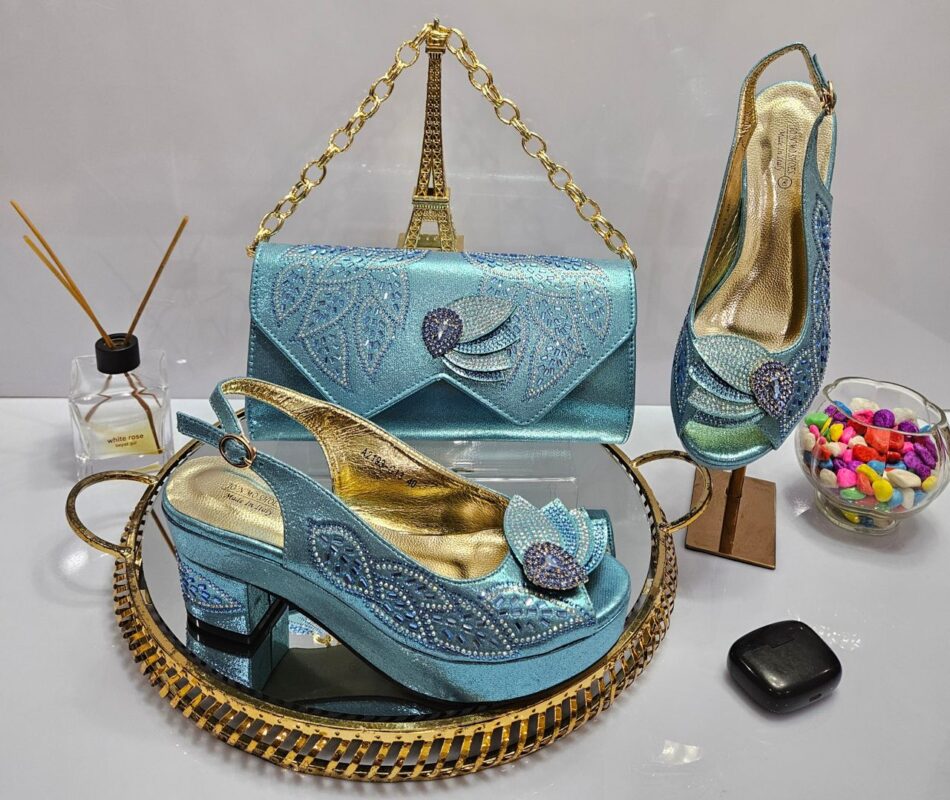 Blockheel satin sandal and bag