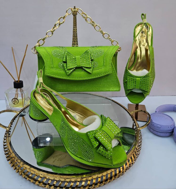 Lemon green stoned sandals and bag