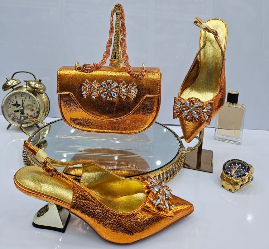 Bridal gold buckle sandal and bag